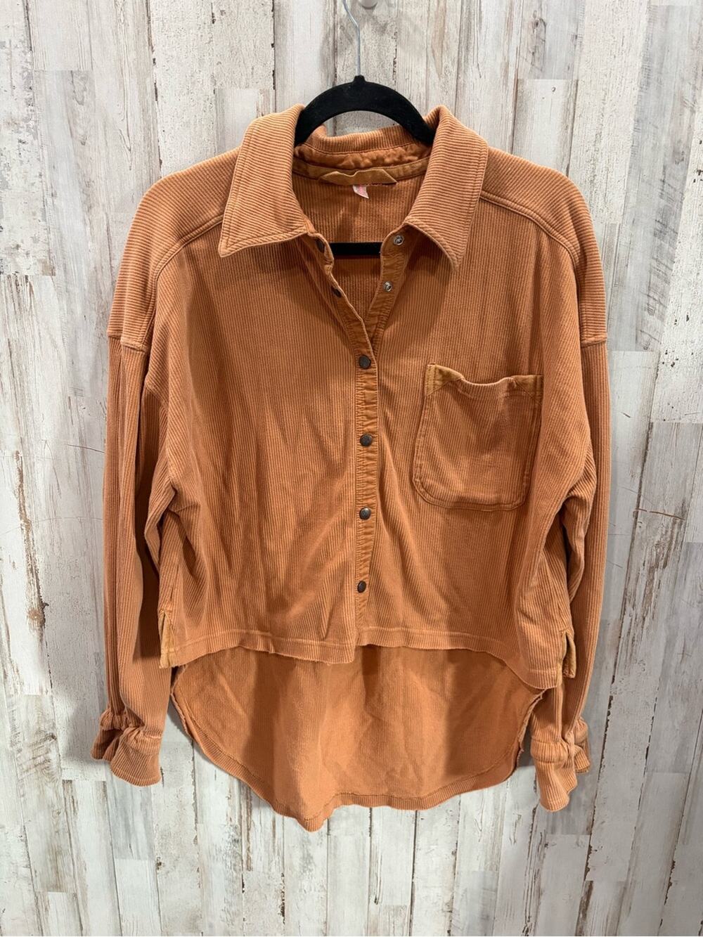 FP Movement Ribbed Snap Front Top Small Copper Oversized High Low Pocket Shirt